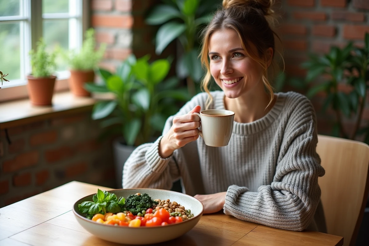 Femme dégustant un repas végétal équilibré et une tisane pour soutenir naturellement la santé du pancréas