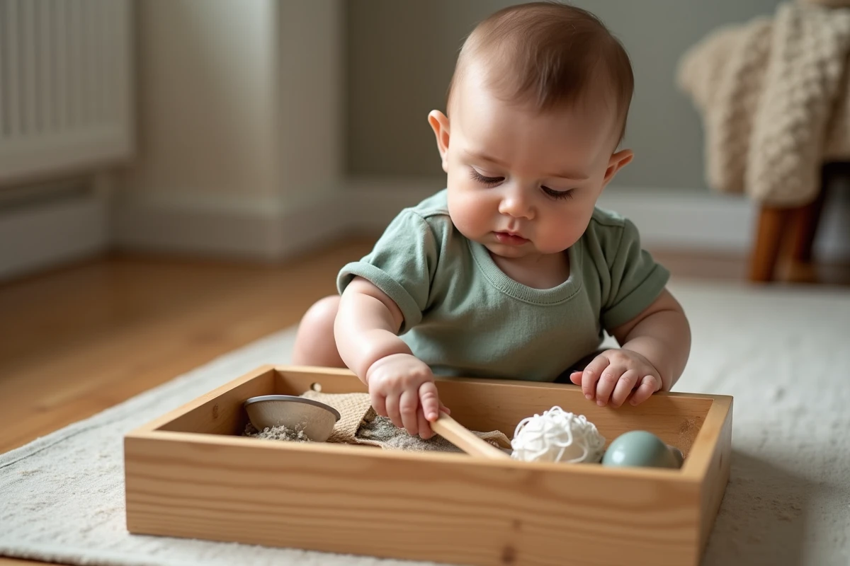 Bébé de 8 mois explorant un bac sensoriel en bois rempli d'objets du quotidien variés aux textures différentes