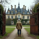 Homme inspectant un château abandonné en France derrière un portail rouillé avant un achat symbolique à 1 euro