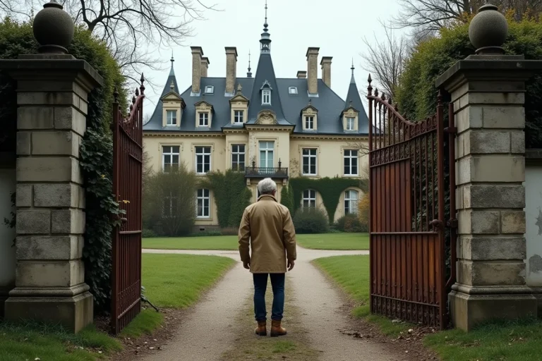 Homme inspectant un château abandonné en France derrière un portail rouillé avant un achat symbolique à 1 euro