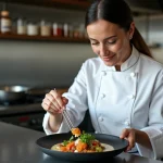 Cheffe cuisinière qui dresse une assiette gastronomique moderne dans une cuisine professionnelle contemporaine