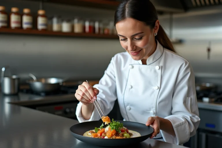 Cheffe cuisinière qui dresse une assiette gastronomique moderne dans une cuisine professionnelle contemporaine