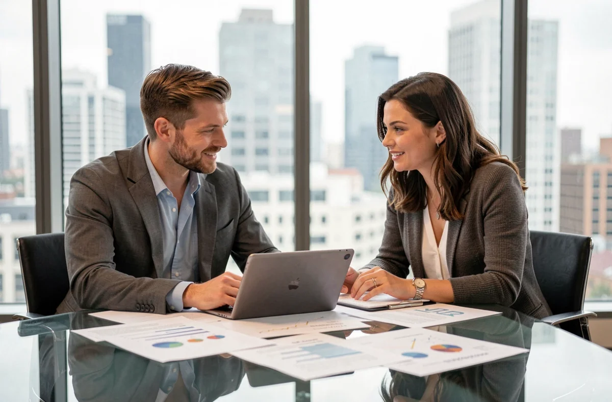 Deux professionnels collaborant sur une stratégie de business en ligne autour d'une table de réunion