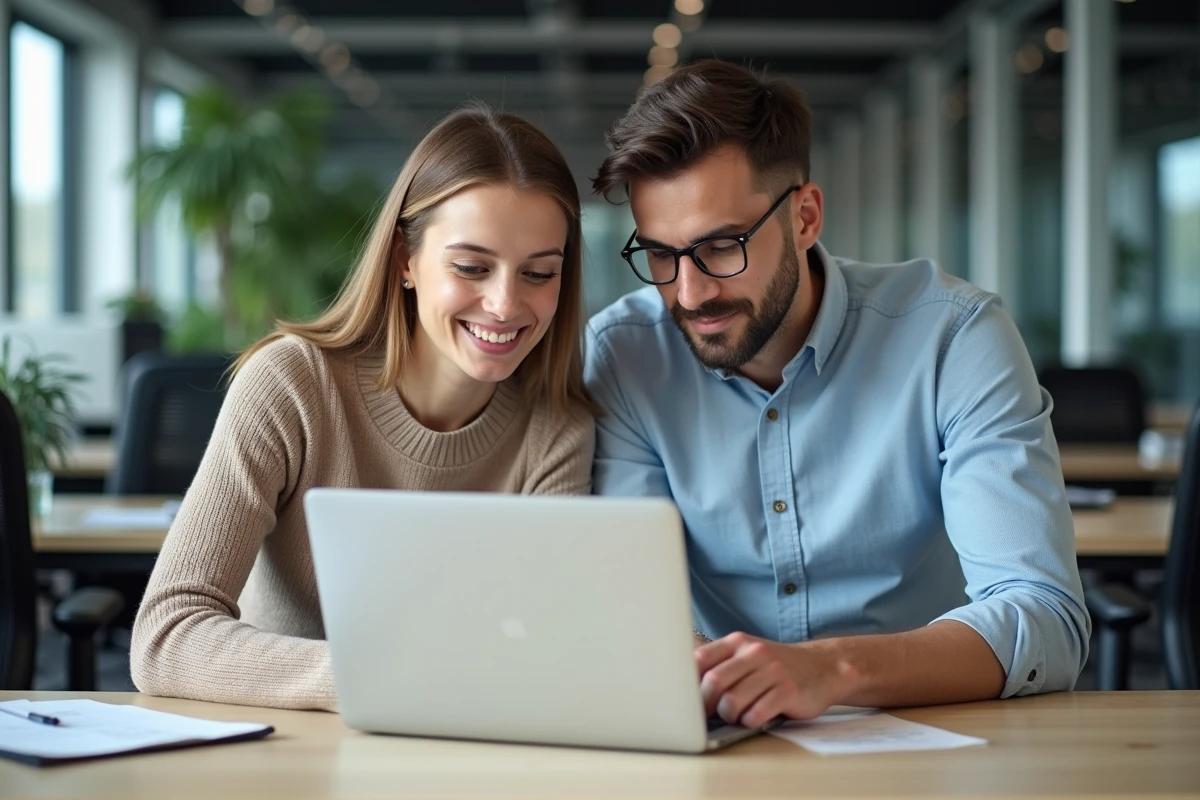 Deux collègues en open space collaborant sur un document Word avec le symbole d'attention inséré dans le texte