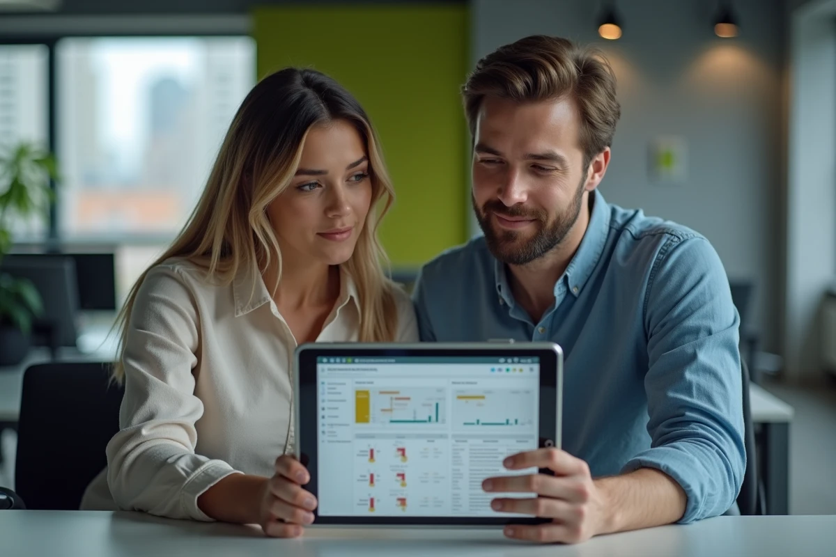Deux collègues comparant des offres d'assurance et de contrôle technique sur une tablette dans un espace de travail moderne