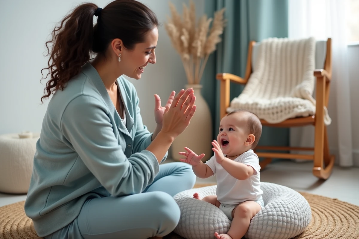 Mère chantant une comptine avec des gestes répétitifs à son bébé de 8 mois installé sur un coussin d'allaitement