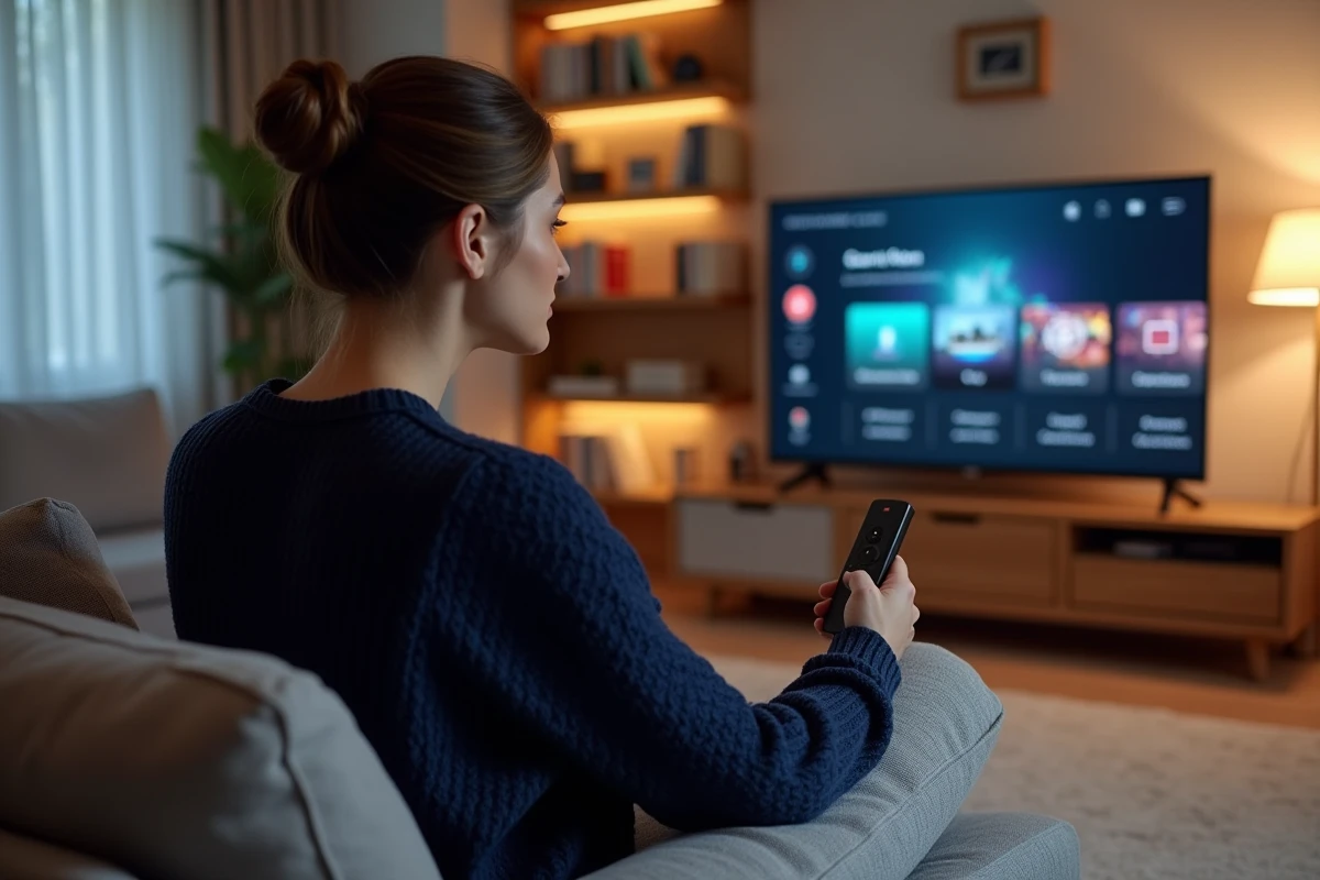 Femme configurant la télécommande du Xiaomi Mi TV Stick lors de l'installation de l'interface Android TV