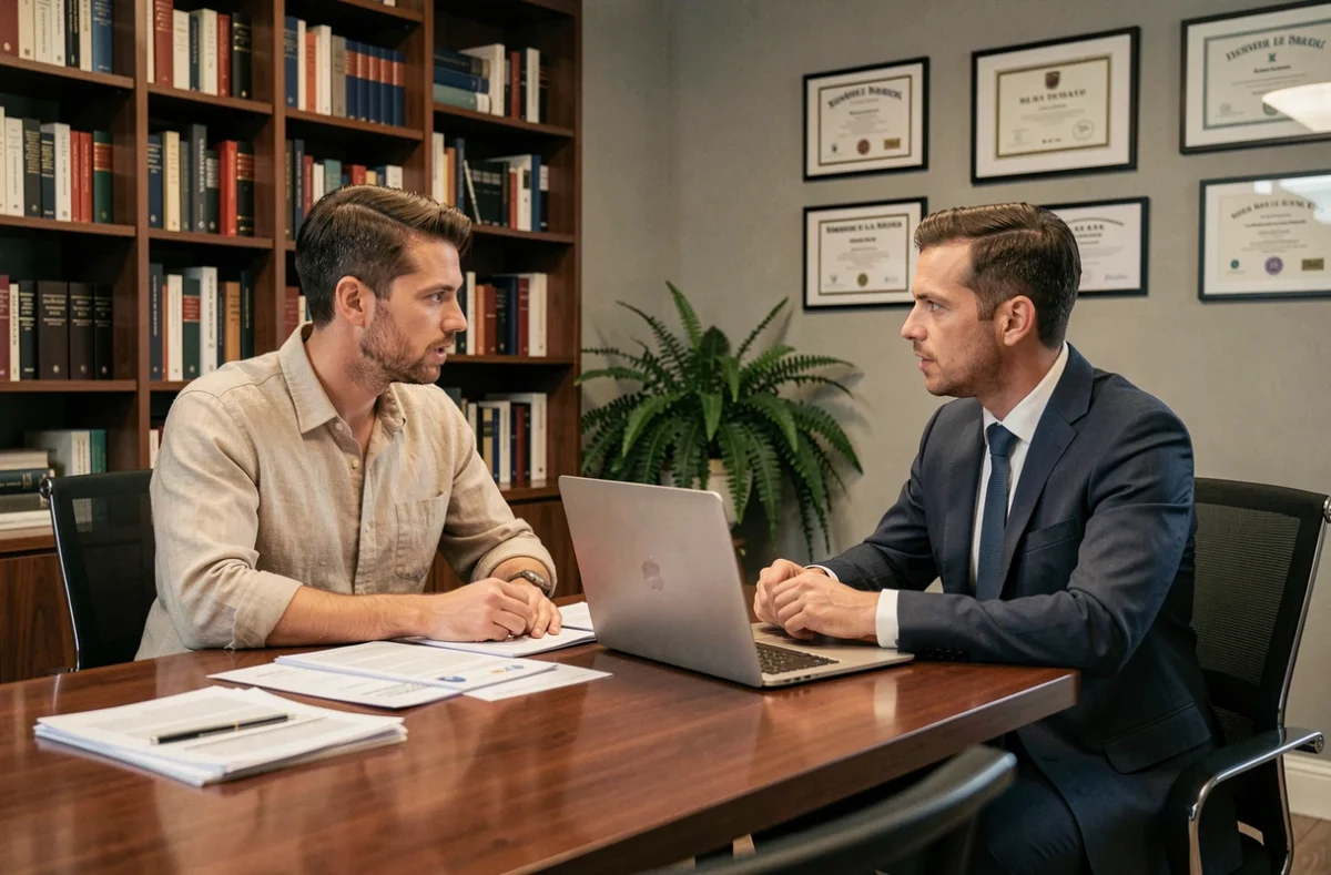 Jeune entrepreneur discutant avec un conseiller financier autour de documents contractuels dans un bureau professionnel français