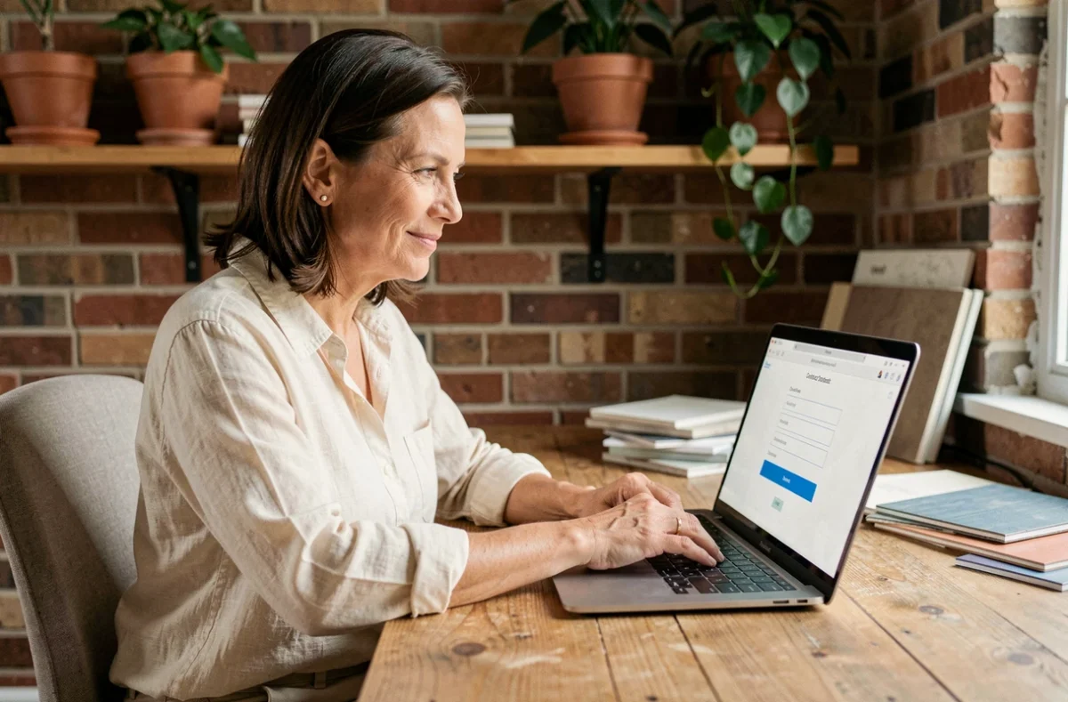 Femme utilisant un ordinateur portable pour contacter une entreprise de rénovation en ligne depuis son bureau à domicile