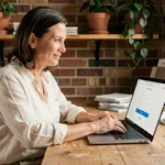 Femme utilisant un ordinateur portable pour contacter une entreprise de rénovation en ligne depuis son bureau à domicile
