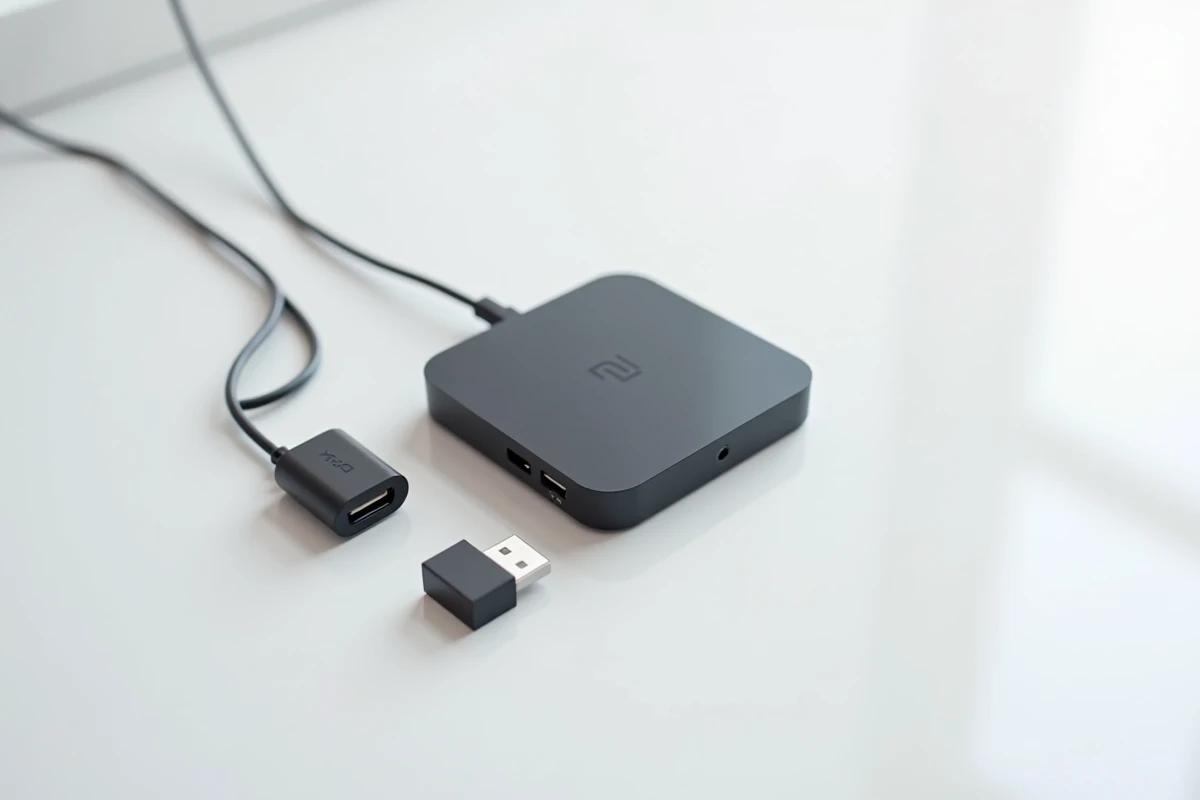 Vue à plat du Xiaomi Mi TV Stick avec ses accessoires d'installation : câble USB, adaptateur secteur et télécommande