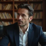 Portrait d'un célèbre contre-ténor classique dans son salon, entouré de partitions musicales et d'un piano à queue
