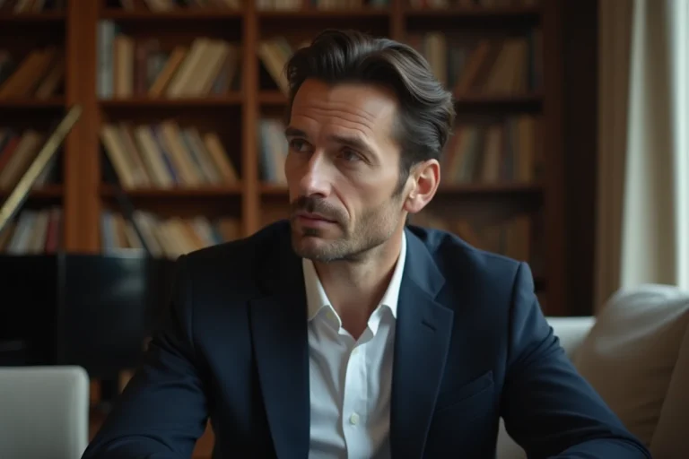 Portrait d'un célèbre contre-ténor classique dans son salon, entouré de partitions musicales et d'un piano à queue
