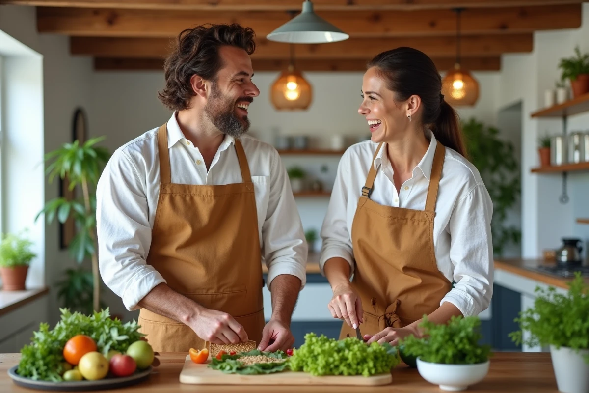 Couple préparant ensemble un repas végétalien tendance dans une cuisine ouverte moderne et chaleureuse