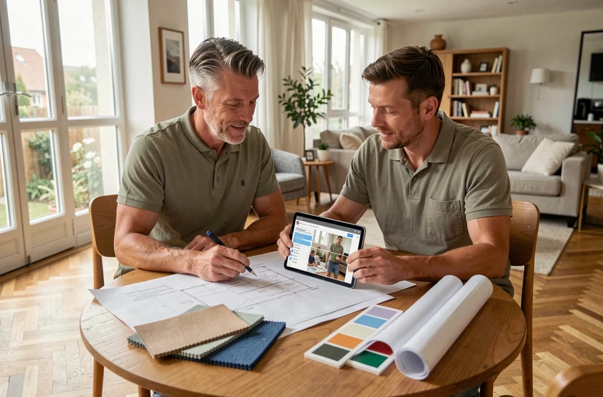 Couple examinant des devis et un portfolio de rénovation en ligne sur une tablette à leur table de salle à manger