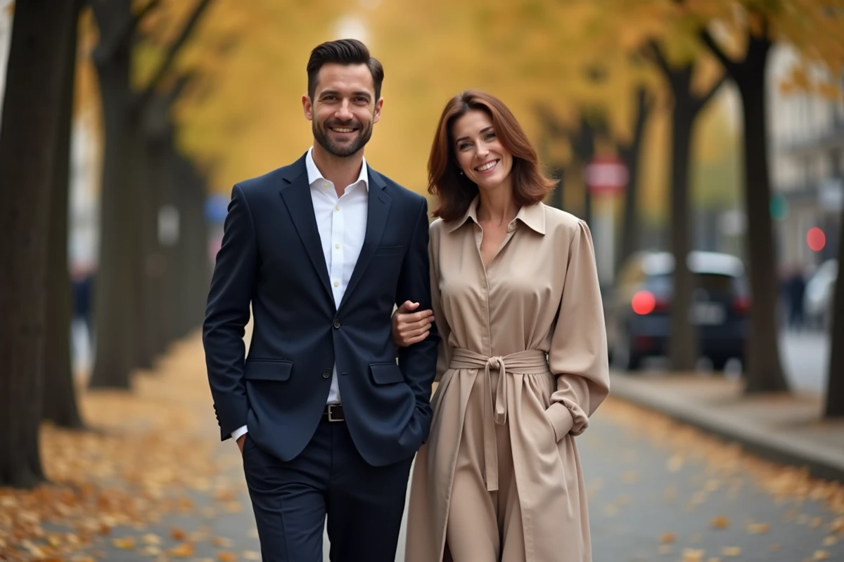 Couple élégant se promenant sur un boulevard parisien en automne, feuilles dorées sur les pavés