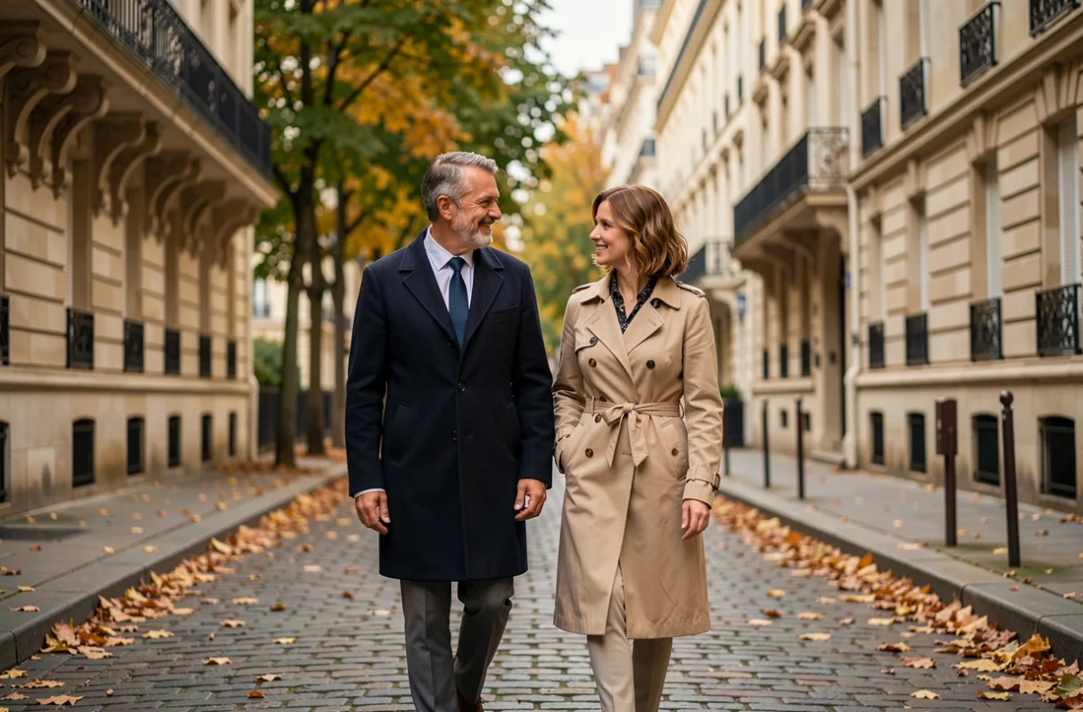 Couple élégant se promenant dans une rue pavée d'un quartier parisien sous les façades haussmanniennes