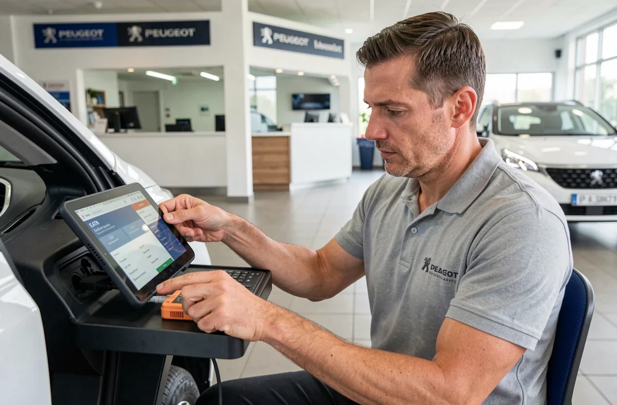 Technicien automobile réalisant un diagnostic de la boîte automatique EAT8 Peugeot avec une tablette OBD2 en concession
