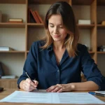 Femme consultant les documents nécessaires pour souscrire une assurance auto à son bureau à domicile