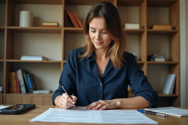 Femme consultant les documents nécessaires pour souscrire une assurance auto à son bureau à domicile