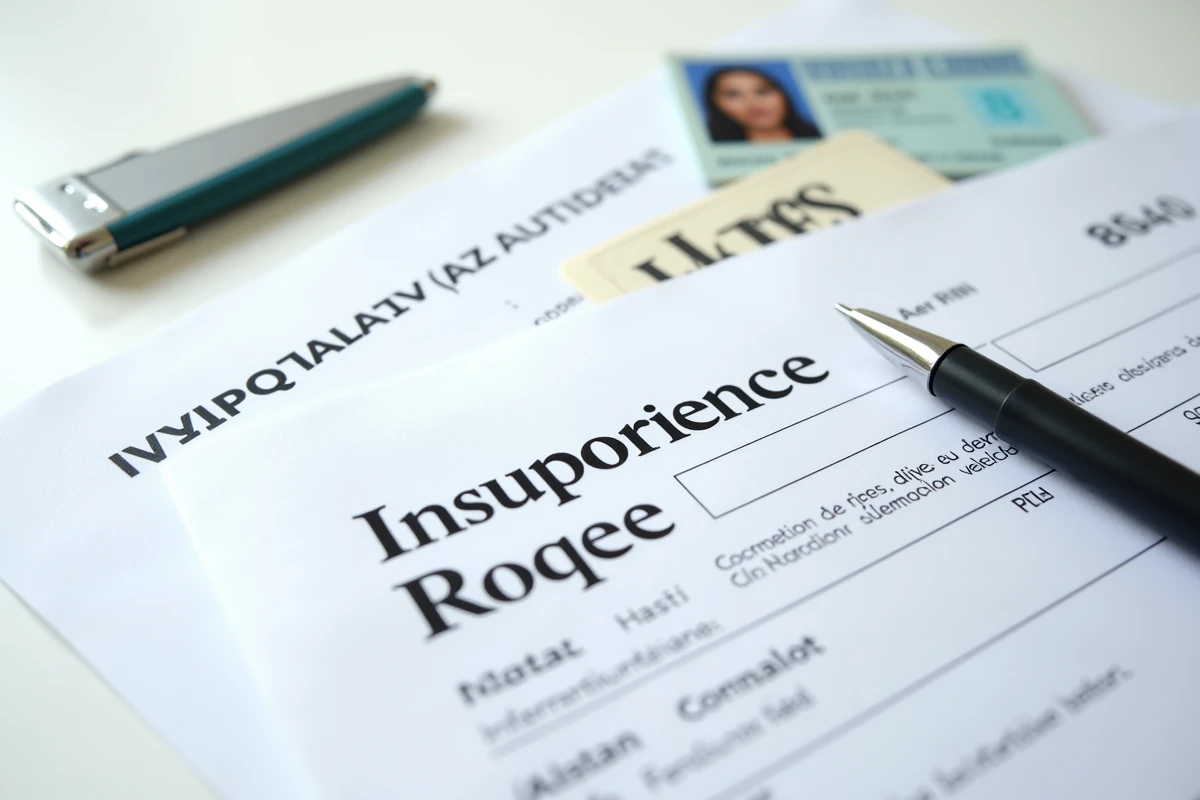 Vue de dessus des documents indispensables pour souscrire une assurance auto disposés sur une table blanche