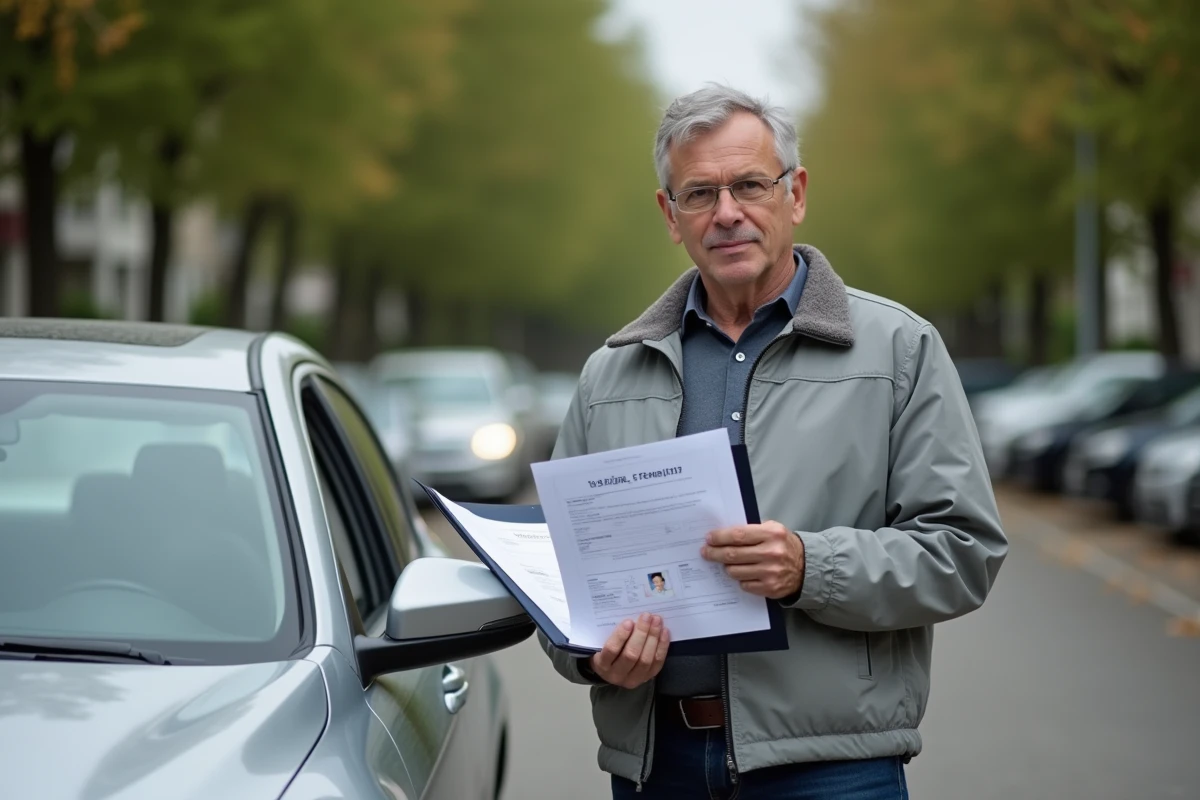 Homme tenant un dossier de documents pour assurance auto devant sa voiture dans un parking résidentiel