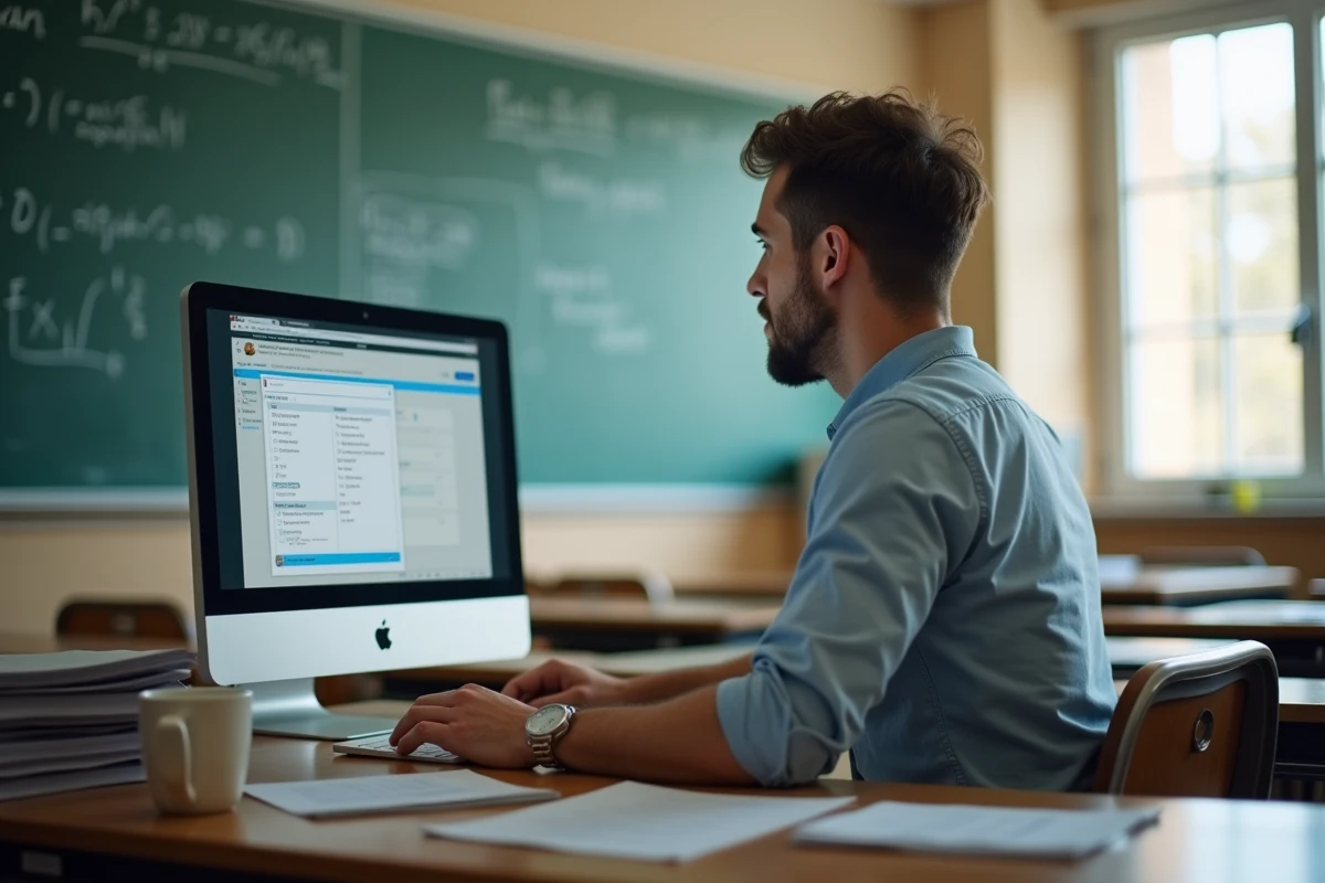 Enseignant consultant les pièces jointes reçues sur Pronote depuis un ordinateur de salle de classe