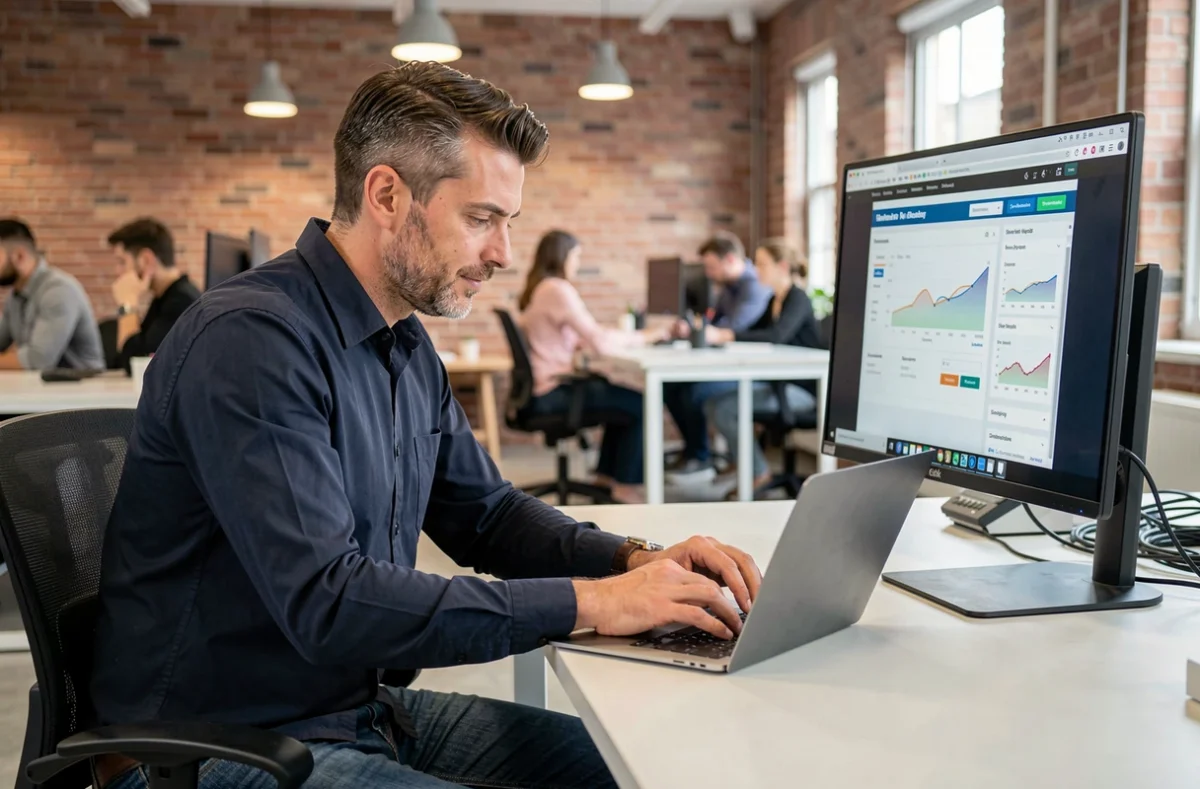 Entrepreneur masculin gérant son activité en ligne dans un espace de coworking moderne