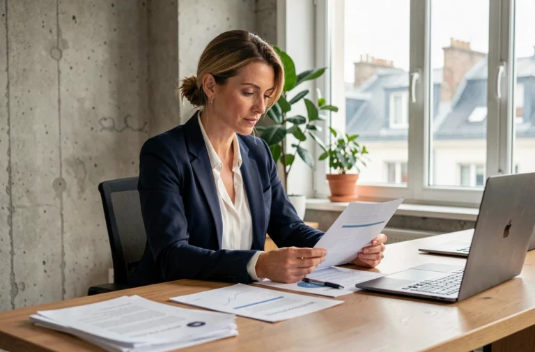 Femme entrepreneur française en blazer marine examinant des documents d'affaires dans un bureau moderne parisien