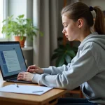 Adolescente envoyant une pièce jointe sur Pronote depuis son ordinateur portable dans sa chambre