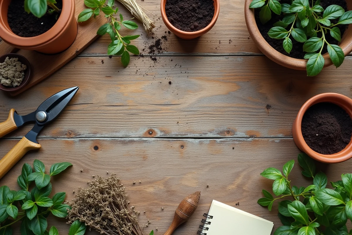 Vue de dessus d'un établi de jardinage avec outils, graines et carnets de notes pour planifier un jardin toute l'année