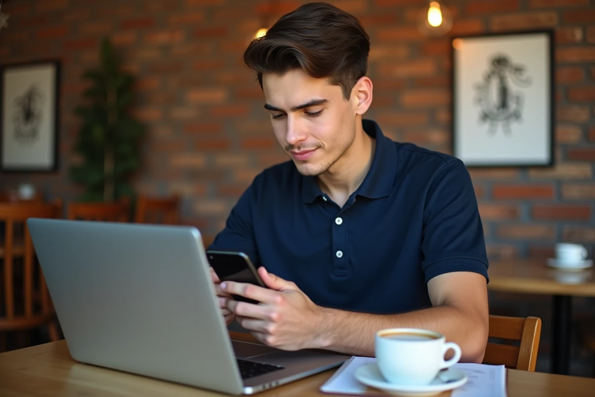 Étudiant prenant en photo un devoir pour l'envoyer comme pièce jointe sur Pronote depuis un café