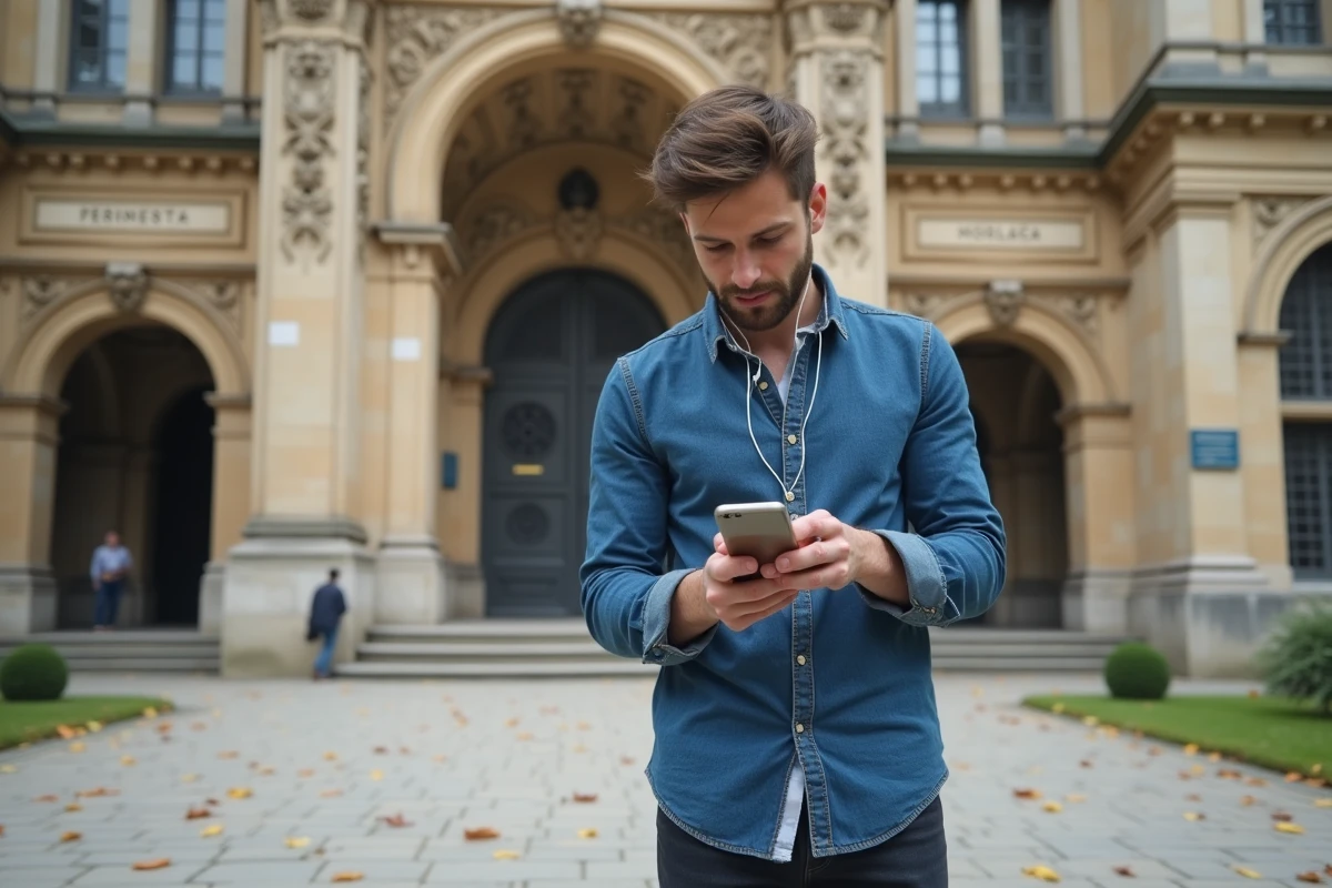 Etudiant devant universite parisienne avec smartphone et feuilles