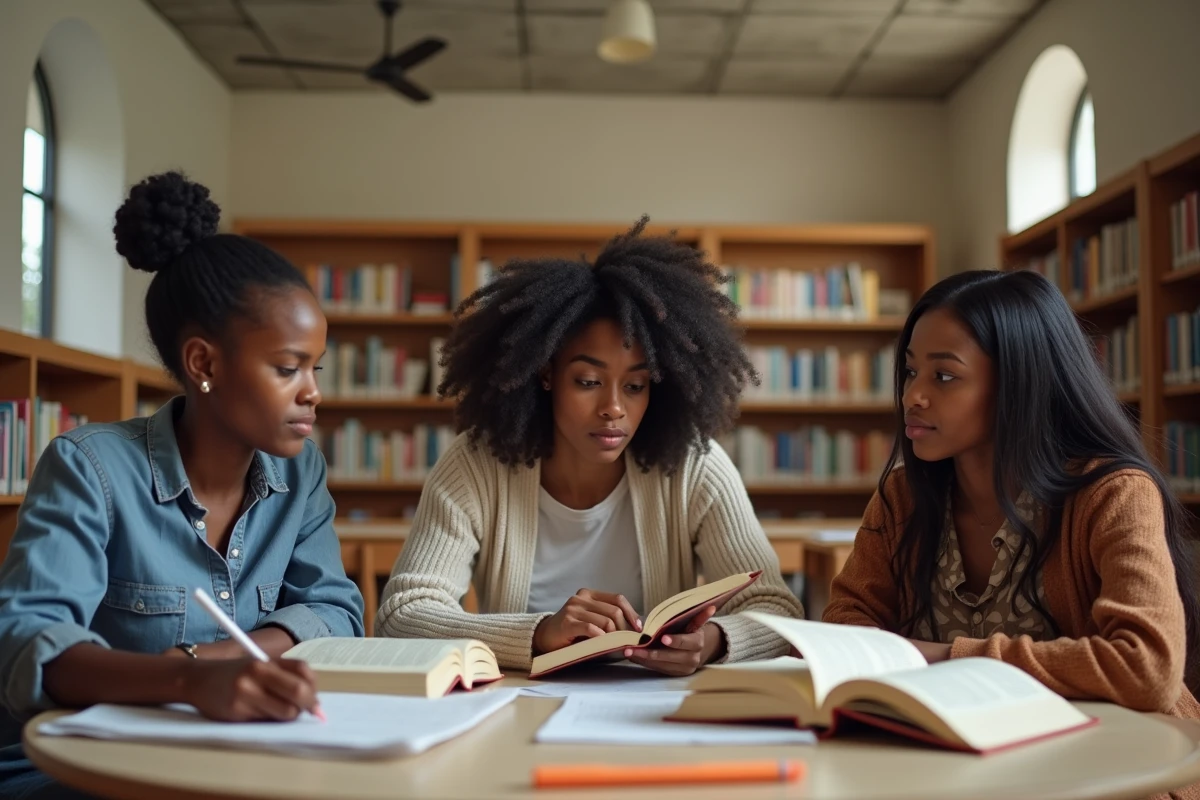 Étudiants en droit préparant le concours de notaire dans une bibliothèque universitaire au Bénin