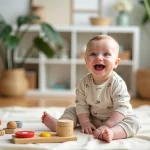 Bébé de 8 mois assis entouré de jouets sensoriels variés sur un tapis en lin crème dans un salon chaleureux