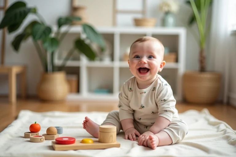 Bébé de 8 mois assis entouré de jouets sensoriels variés sur un tapis en lin crème dans un salon chaleureux