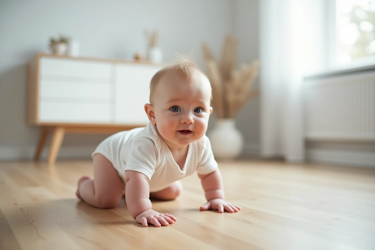 Bébé de 8 mois explorant librement le sol en bois dur sans tapis épais, en position de ramper