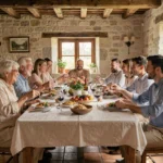 Famille multigénérationnelle réunie autour d'une table en pierre lors d'un repas dominical dans une maison de campagne française