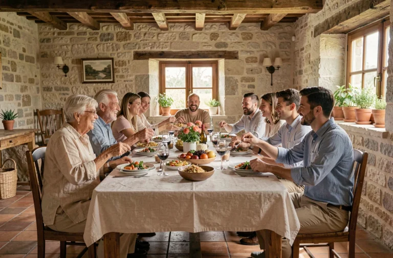 Famille multigénérationnelle réunie autour d'une table en pierre lors d'un repas dominical dans une maison de campagne française