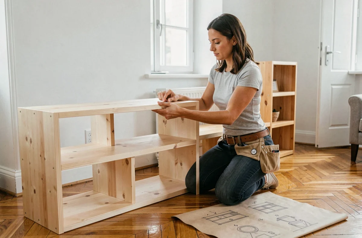 Femme assemblant une étagère en bois sur mesure dans un salon moderne avec parquet en chevron