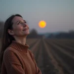 Femme en pull dans un champ au crépuscule avec lune rouge