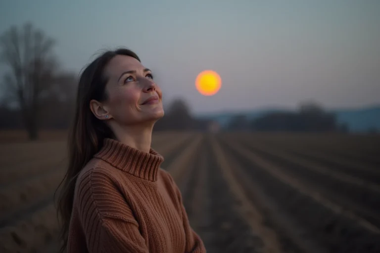 Femme en pull dans un champ au crépuscule avec lune rouge