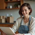 Femme souriante feuilletant un catalogue ancien à la maison