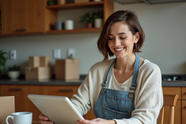 Femme souriante feuilletant un catalogue ancien à la maison