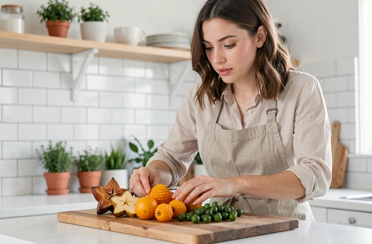 Jeune femme arrangeant des fruits exotiques commençant par J sur une planche en bois dans une cuisine moderne