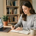 Femme entrepreneur travaillant sur son business en ligne depuis un bureau minimaliste à domicile