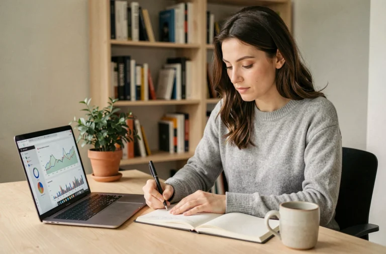Femme entrepreneur travaillant sur son business en ligne depuis un bureau minimaliste à domicile