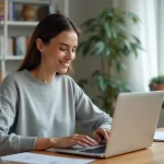 Femme utilisant une plateforme en ligne pour gérer son assurance auto et sa carte grise depuis son bureau à domicile