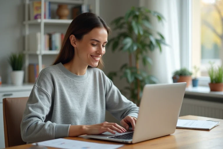 Femme utilisant une plateforme en ligne pour gérer son assurance auto et sa carte grise depuis son bureau à domicile