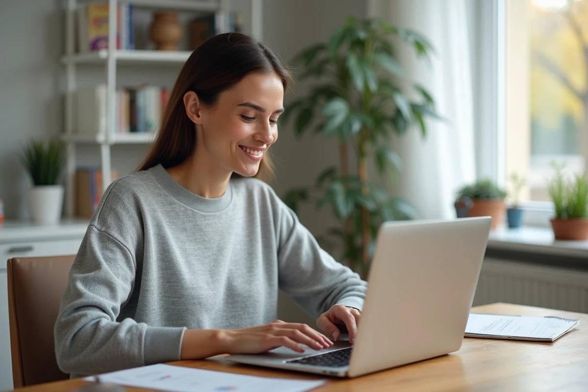 Femme utilisant une plateforme en ligne pour gérer son assurance auto et sa carte grise depuis son bureau à domicile